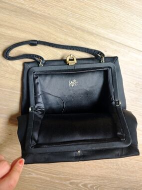 Rare Valuable Vintage 50s After Five Elegant Black Satin Frame-Top Evening Bag